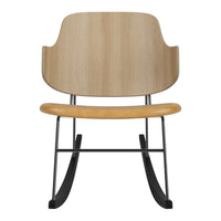 Natural wood and black metal rocking chair with smooth, minimalist design. Features light wood grain and sleek lines.