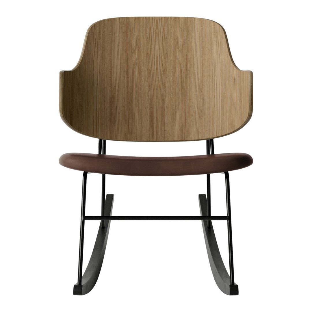 Natural wood finish with warm brown seat; sleek black metal rocking base for a modern look.