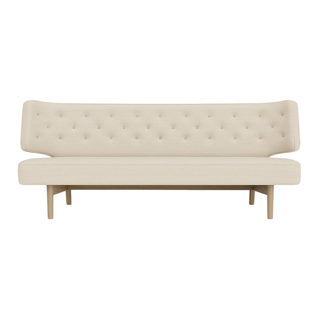 Beige button-tufted sofa with a minimalist design and light wood legs, perfect for modern decor.
