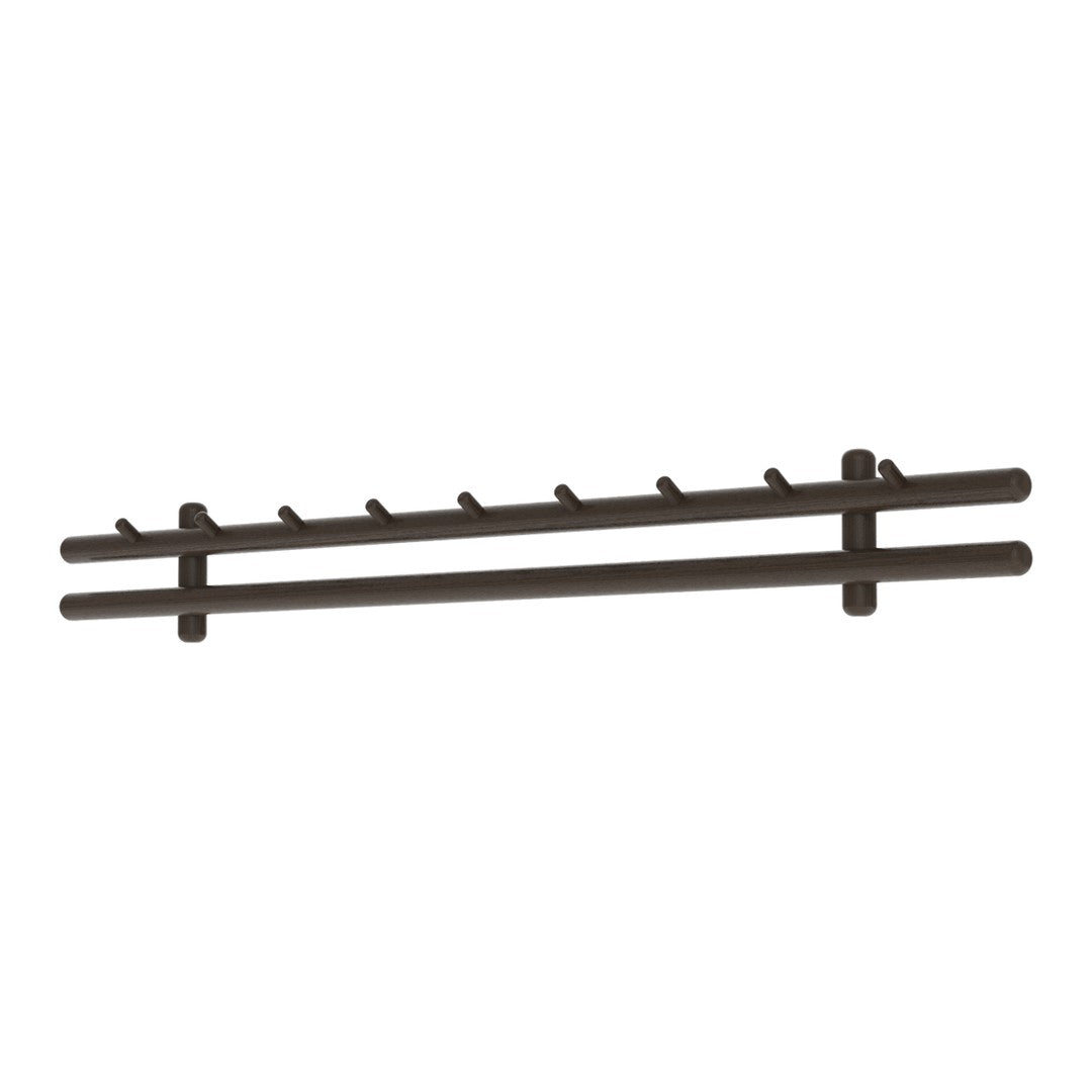 Dark brown, minimalist wall peg rack with horizontal and vertical bars, featuring an elegant, smooth finish.