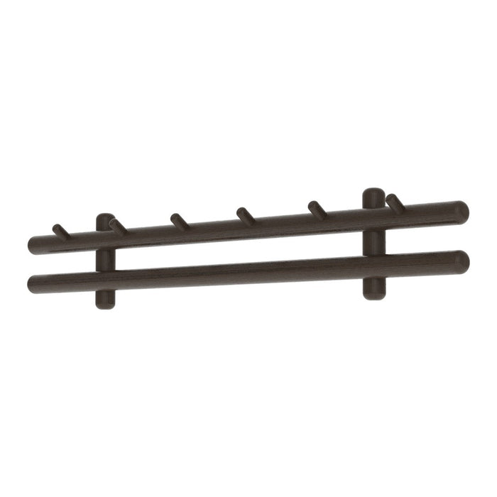 Dark brown dual-bar wall rack with evenly spaced hooks, featuring a sleek, modern design.