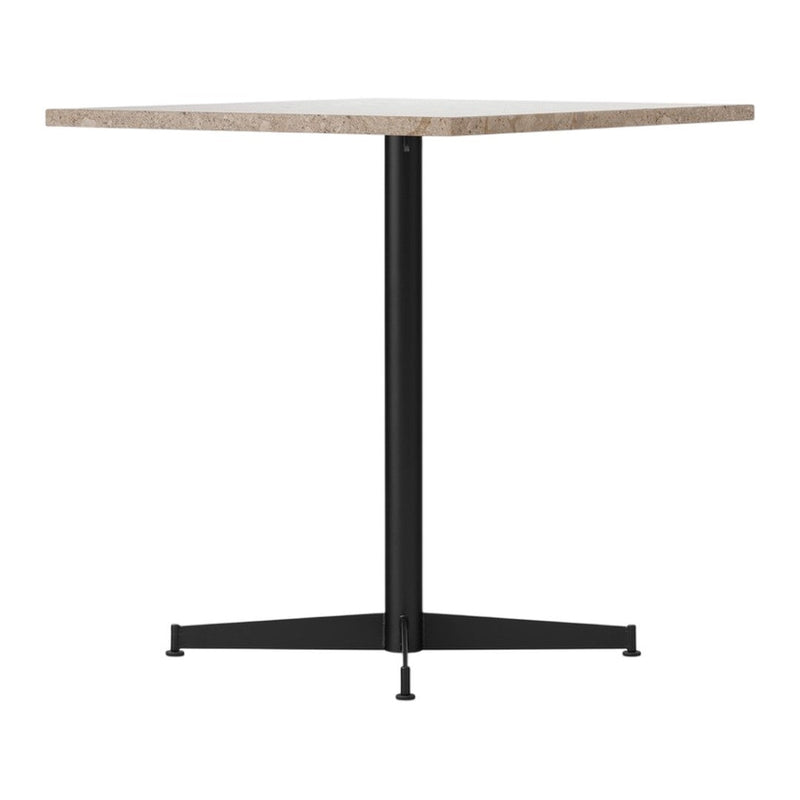 Square tabletop with a light beige pattern and a sleek black metal base. Perfect for modern decor.
