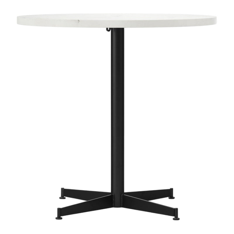 Round white tabletop with a sleek black metal base, featuring a minimalist design. Perfect for modern decor.