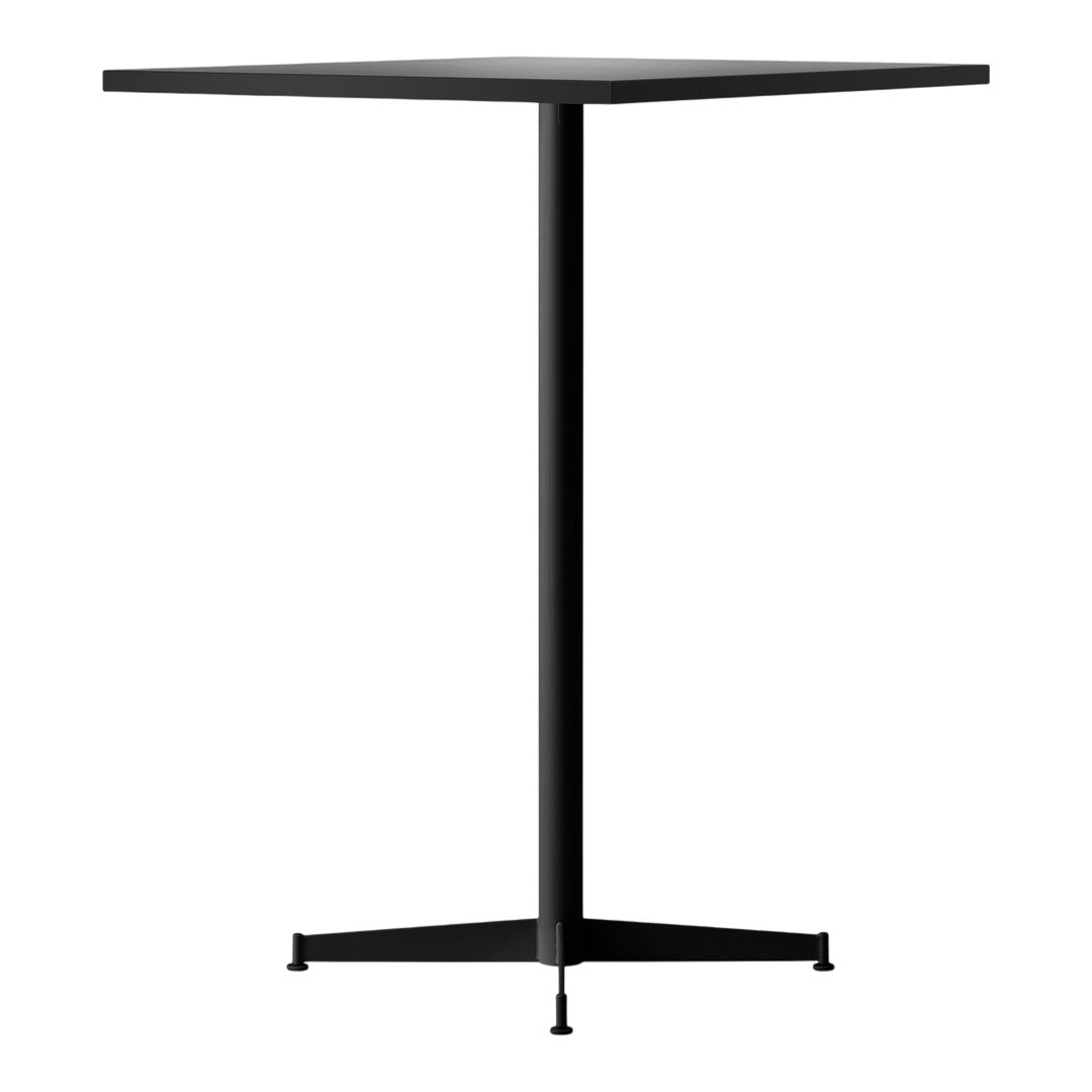 Sleek black square table with a minimalist design and sturdy three-legged base. Perfect for modern spaces.