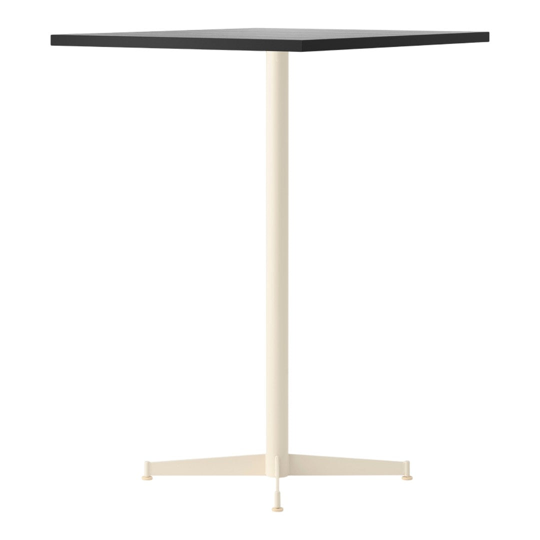 Black square tabletop with a sleek cream-colored metal base, perfect for minimalist decor.