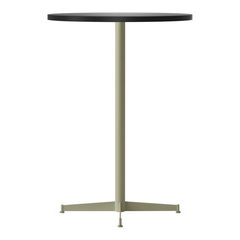 Black round table top with a sleek light green metal base and minimalist design. Ideal for modern decor.