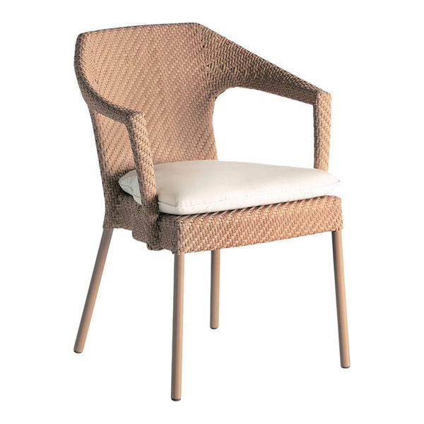 "Light brown woven chair with a soft beige cushion, featuring a curved design and sleek legs."