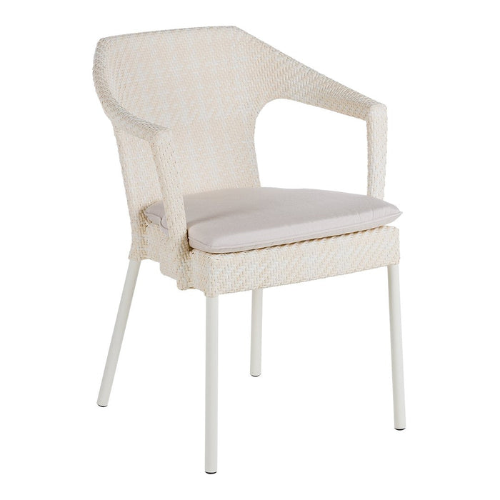 White woven chair with a light cushion, featuring soft, neutral tones and a modern, minimalist style.