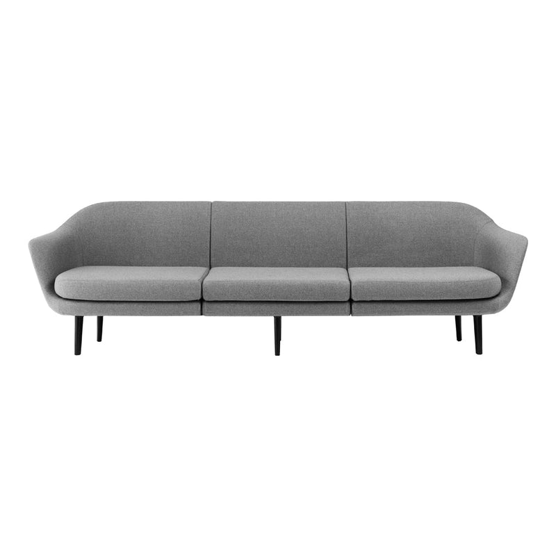 Stylish gray three-seater sofa with smooth fabric and minimalist black legs, perfect for modern living spaces.