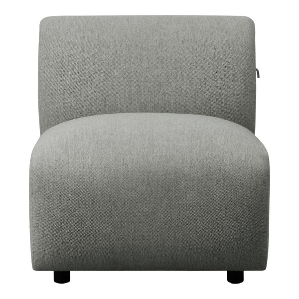 Gray upholstered chair with a smooth, textured fabric and minimalist design. Ideal for modern decor.