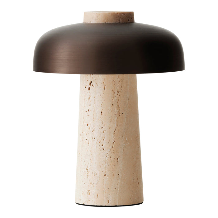 Modern table lamp featuring a sleek brown metal shade and a textured cream stone base. Elegant color contrast.