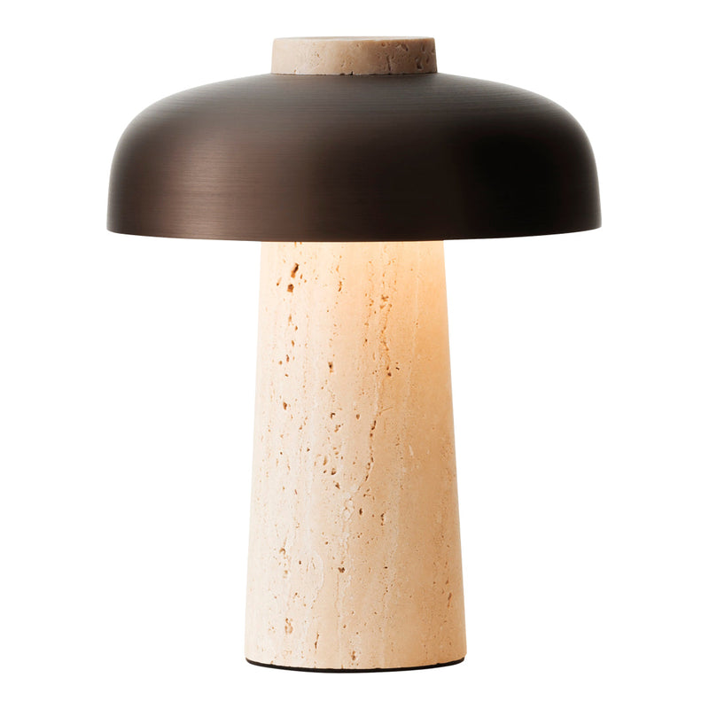 Modern table lamp featuring a sleek black metal shade and a textured beige stone base. Elegant and minimalistic design.