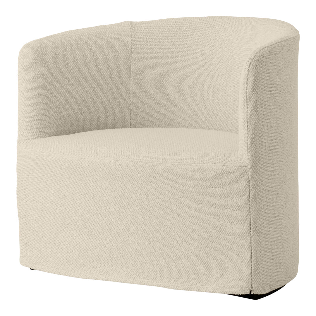 Cream-colored accent chair with a textured, woven pattern, featuring a smooth, rounded design for modern decor.