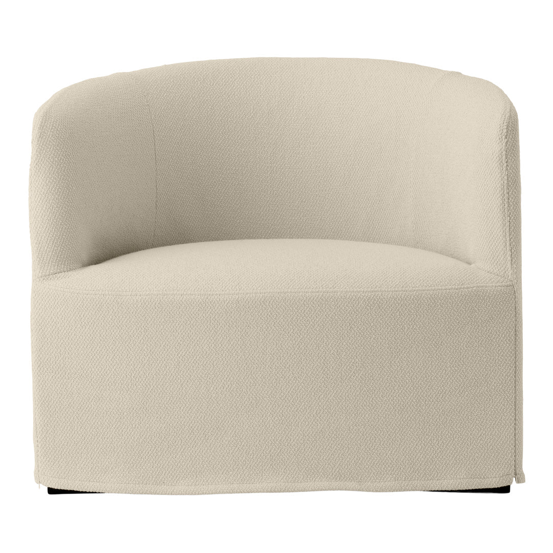 Cream textured fabric armchair with a modern design and a round shape, perfect for contemporary interiors.