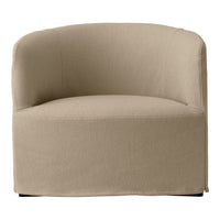 Beige upholstered accent chair with a textured weave pattern and rounded edges, perfect for a modern home decor.