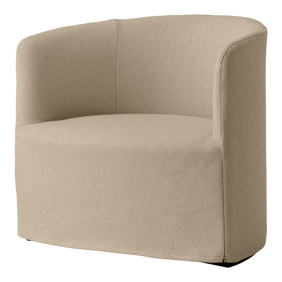 Beige textured accent chair with a curved design, perfect for modern interiors.