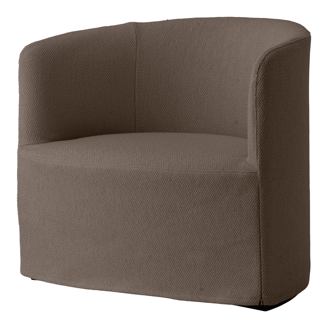 Brown textured armchair with a modern round shape and woven fabric pattern, perfect for contemporary interiors.