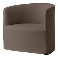 Brown textured armchair with a modern round shape and woven fabric pattern, perfect for contemporary interiors.