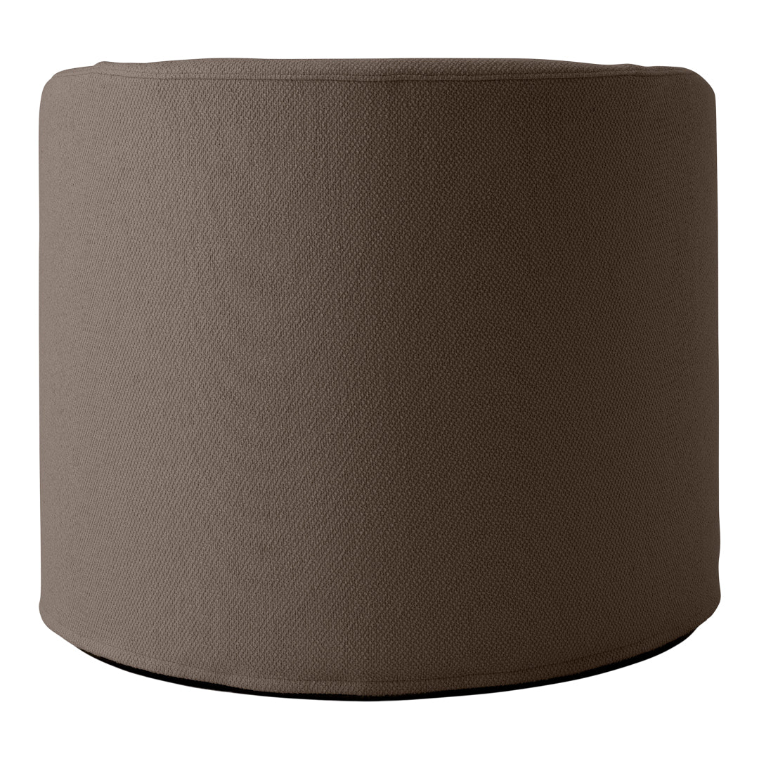 Round brown pouf with a textured pattern, perfect for modern home decor. Ideal for stylish seating and footrest.