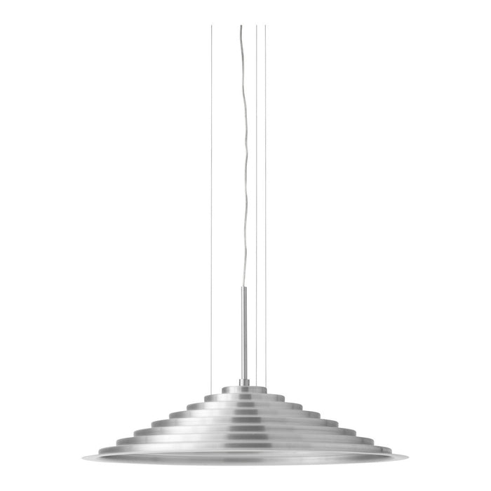 Sleek metallic pendant light featuring a gradient of concentric circles in silver tones, creating a modern look.
