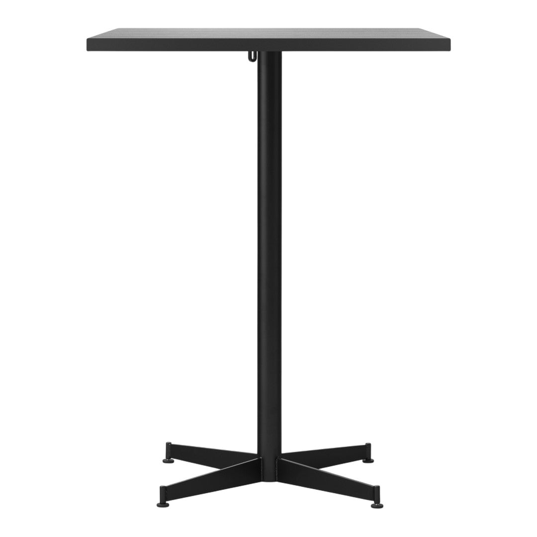 Black square bar table with a sleek, minimalist design and a sturdy cross base. Perfect for modern decor.
