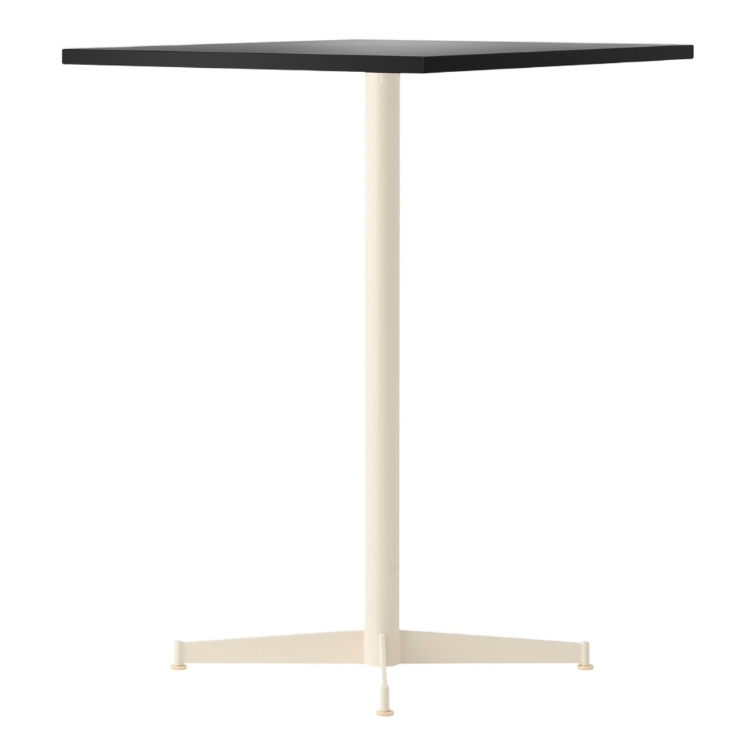 Black square tabletop with a creamy white metal base, featuring a minimalist, modern design.