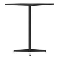 Black square table with a minimalist design and a sleek metal base, perfect for modern decor.