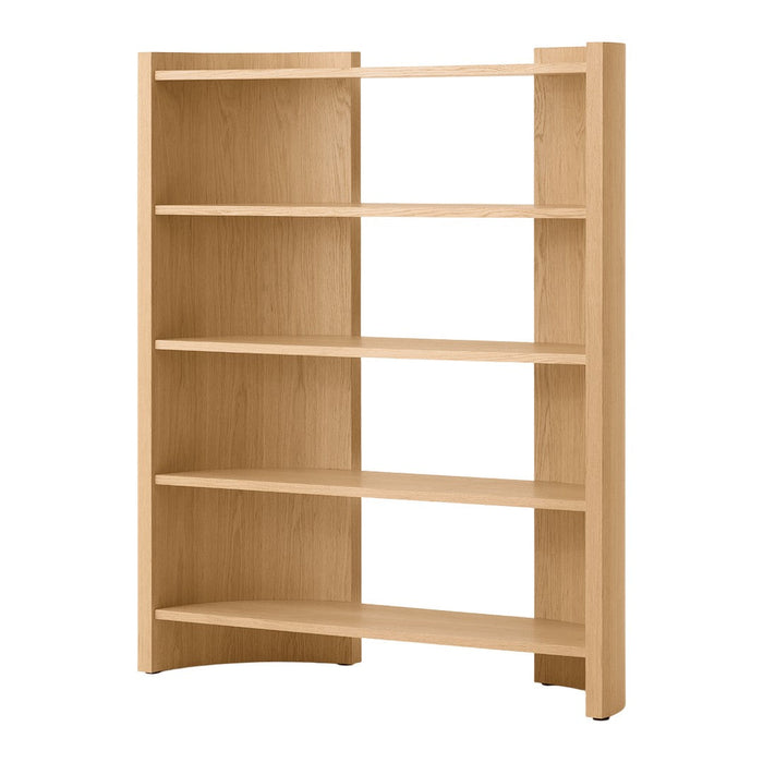 Light oak wood bookshelf with a smooth finish and open shelving, featuring a simple, modern design.