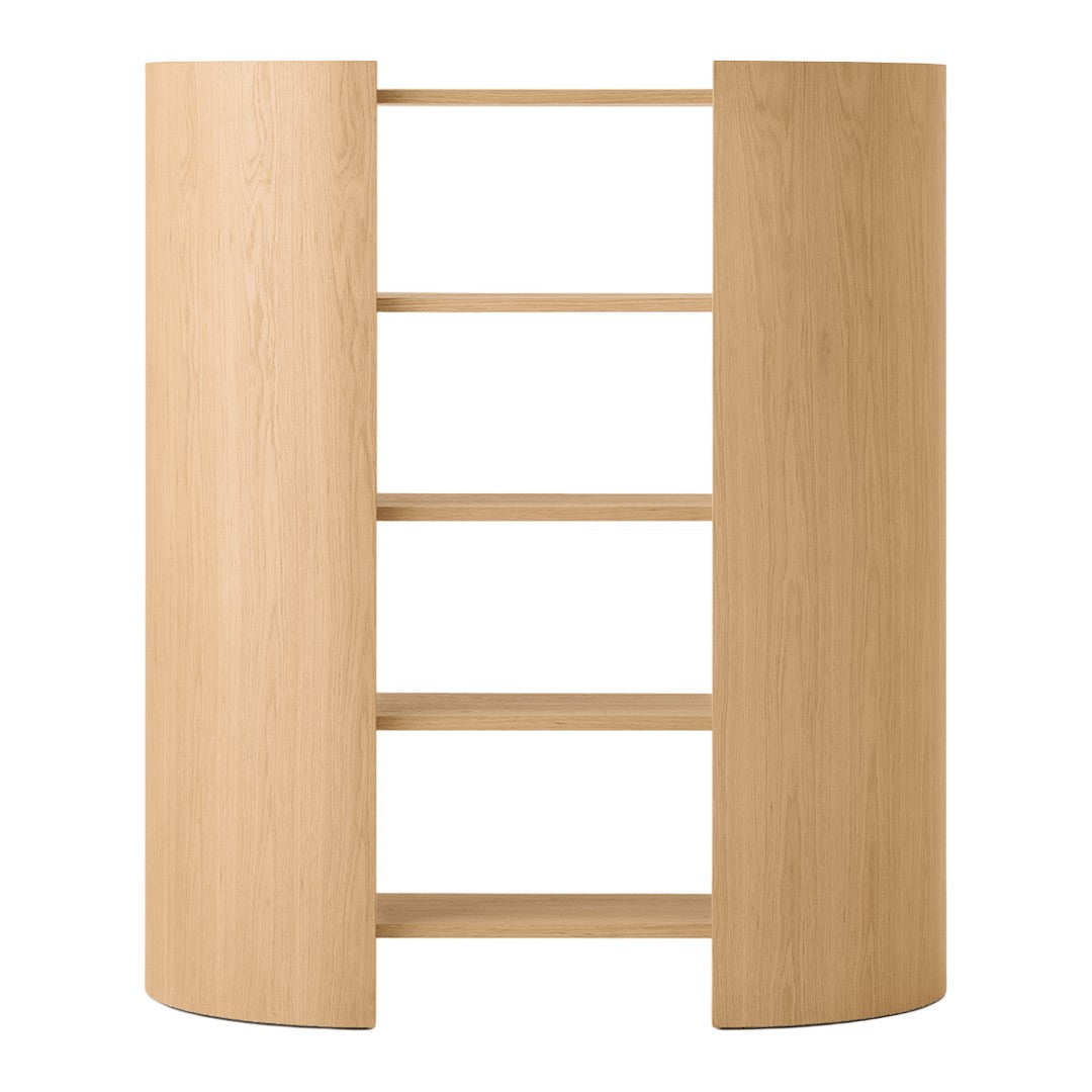 Light oak wood storage unit with a minimalist design featuring curved edges and four open shelves.