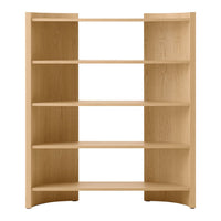 Light oak bookshelf with a smooth finish and simple, modern design, featuring five open shelves for versatile storage.