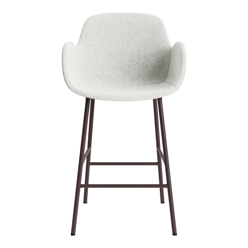 Light grey upholstered bar stool with a sleek, modern design and dark brown metal legs. Perfect for contemporary spaces.