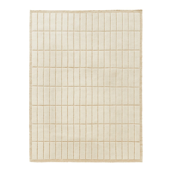 Cream-colored rectangular rug with a subtle grid pattern and beige border. Ideal for modern decor.
