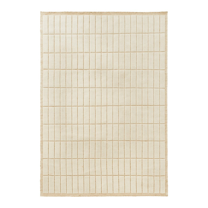 Light beige rug with a simple grid pattern and subtle woven texture, perfect for minimalist decor.
