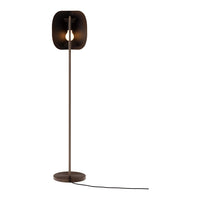 Modern floor lamp with a sleek black finish and a minimalist design, featuring an open shade and a round base.
