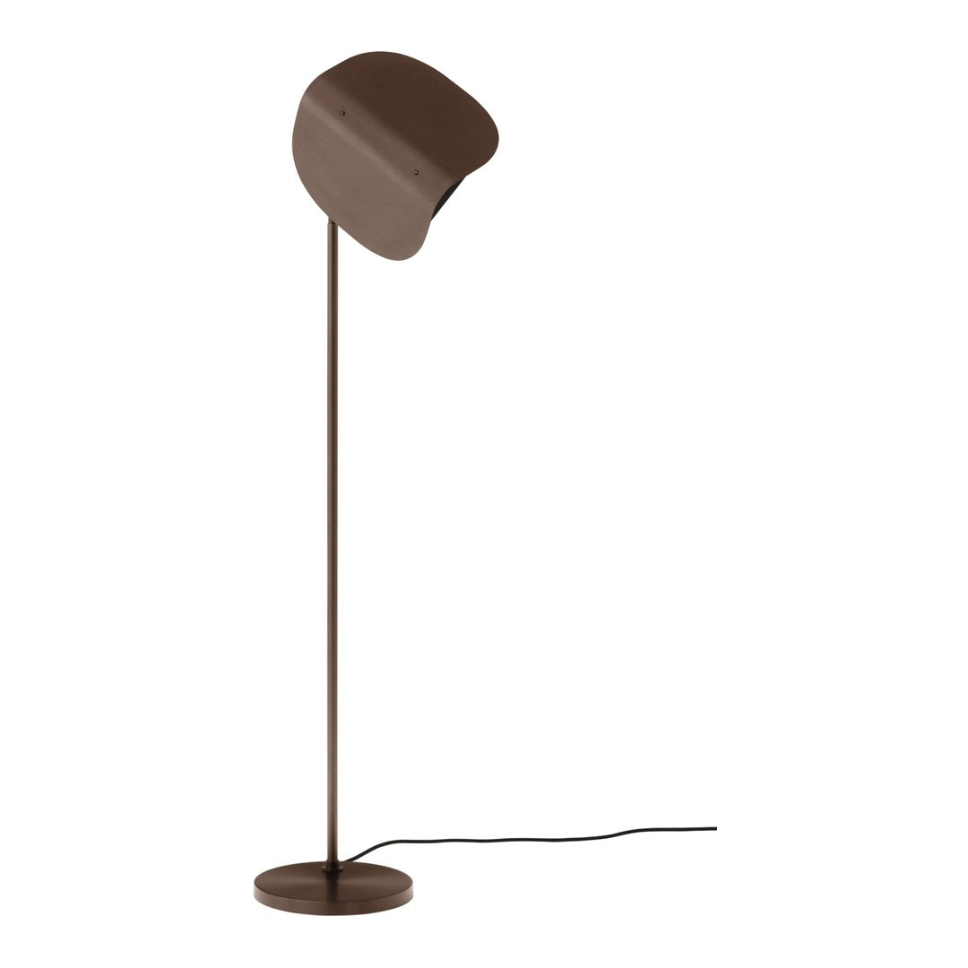 Brown floor lamp with a sleek, curved shade and a minimalist design. Perfect for modern home decor.
