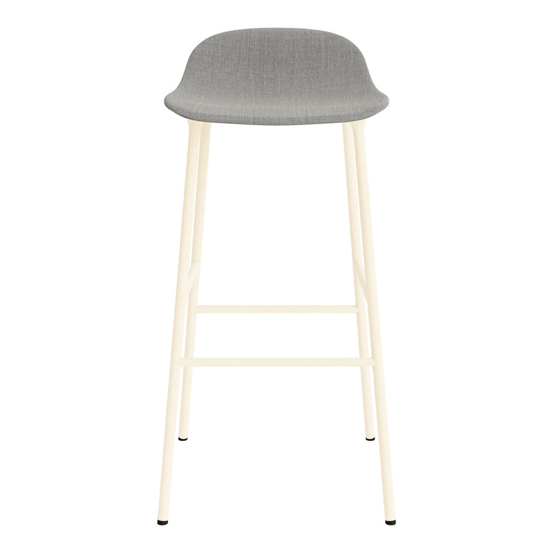 Gray upholstered bar stool on cream metal legs, featuring a minimalist design with clean lines.