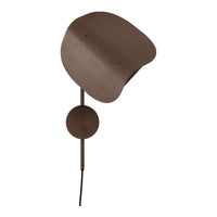 Brown wall lamp with smooth, organic shapes and a minimalist design, featuring a sleek black cord.