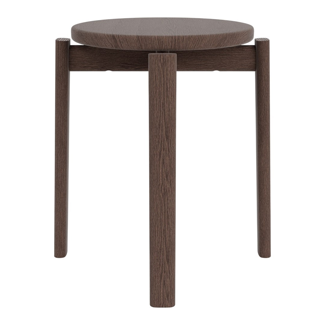 Dark brown circular wooden stool with a minimalist design and smooth finish, featuring straight legs.