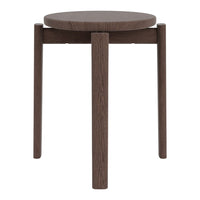 Dark brown circular wooden stool with a minimalist design and smooth finish, featuring straight legs.