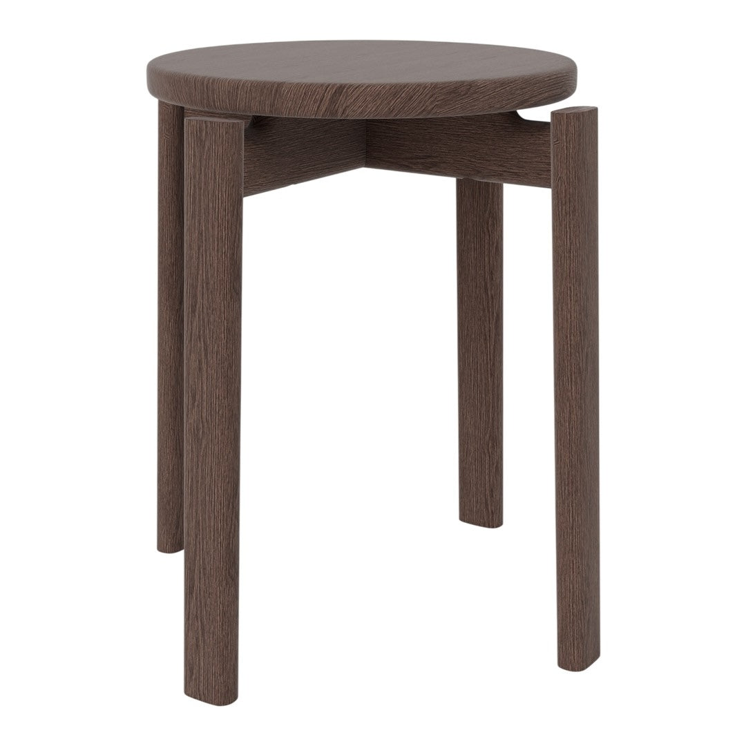 Brown round wooden side table with a smooth finish and minimalist design. Perfect for modern decor.