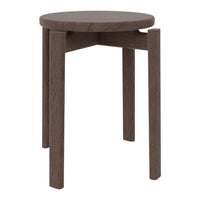 Brown round wooden side table with a smooth finish and minimalist design. Perfect for modern decor.
