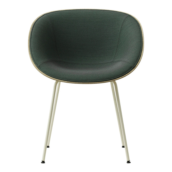 Green cushioned chair with a smooth, rounded design and light-colored metal legs. Modern and stylish seating.
