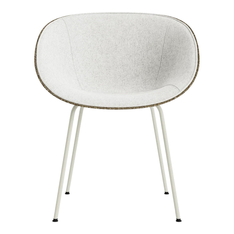 White upholstered chair with a smooth finish and soft gray edge detailing, supported by slender metal legs.
