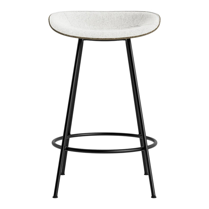 Modern bar stool with a sleek black frame and soft white seat featuring a subtle textured pattern.