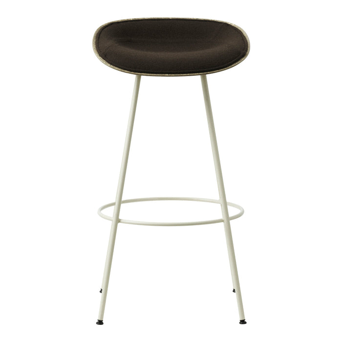 Brown cushioned stool with a sleek white metal frame and minimalistic design. Perfect for modern spaces.
