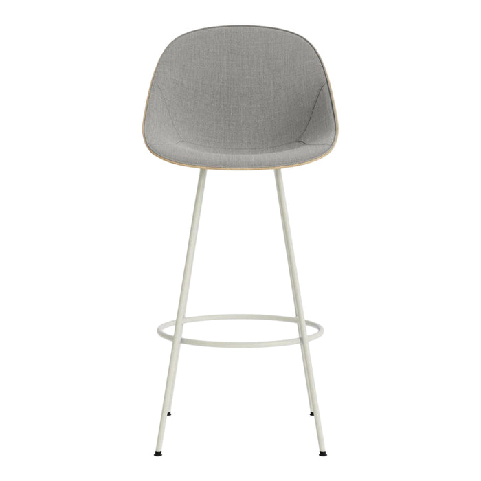Gray upholstered bar stool with light wood trim and a sleek white metal frame. Modern and stylish design.