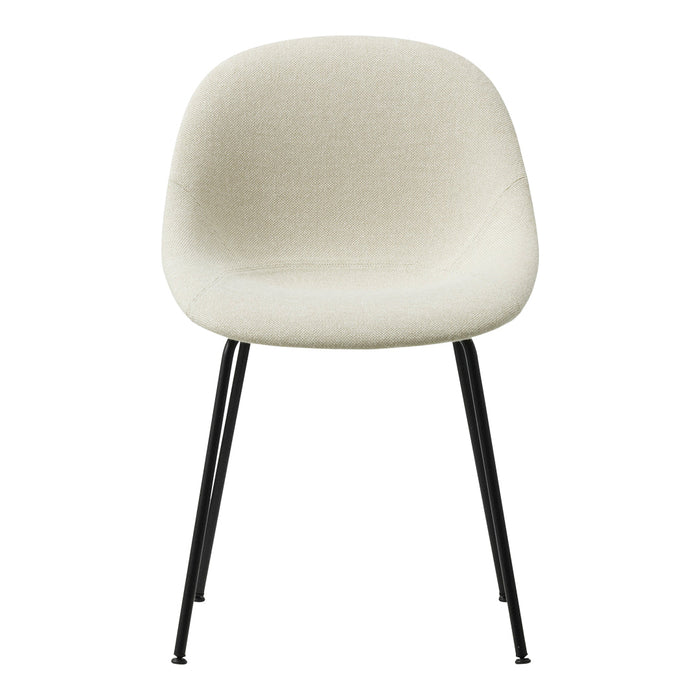 Cream upholstered chair with sleek black legs, featuring a minimalist design and smooth, soft texture.
