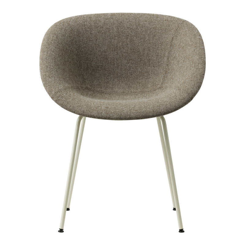 Curved chair in soft taupe fabric with sleek, light-colored metal legs, featuring a minimalist and modern design.