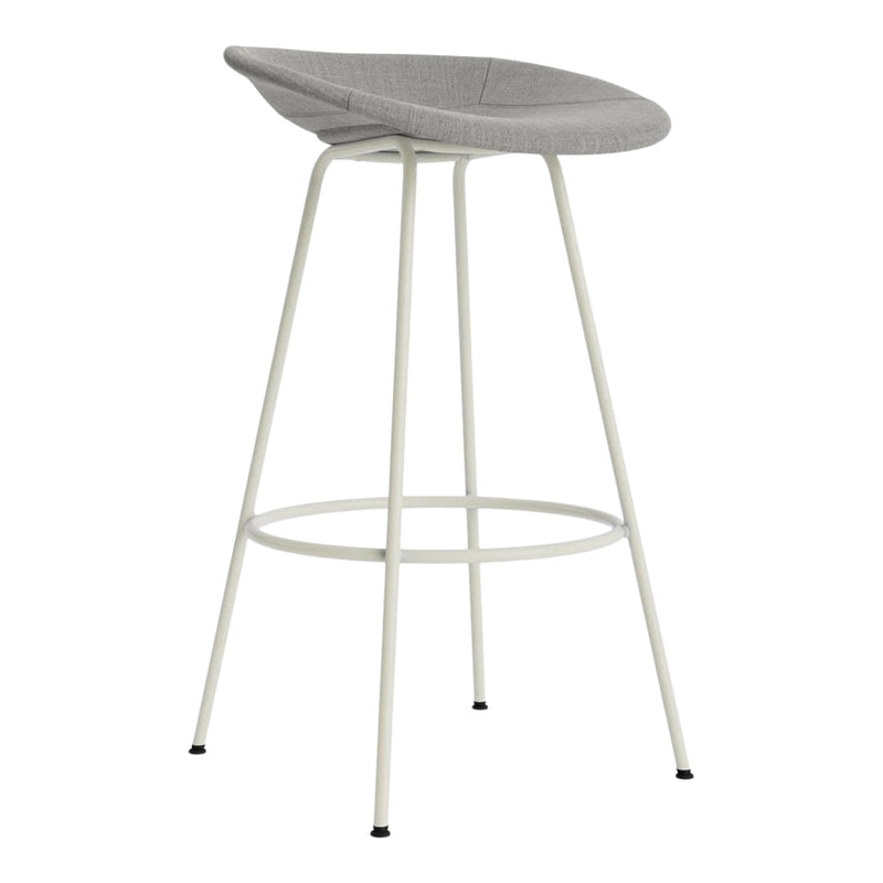 Gray upholstered bar stool with a modern design and white metal legs, featuring a clean and minimalist pattern.