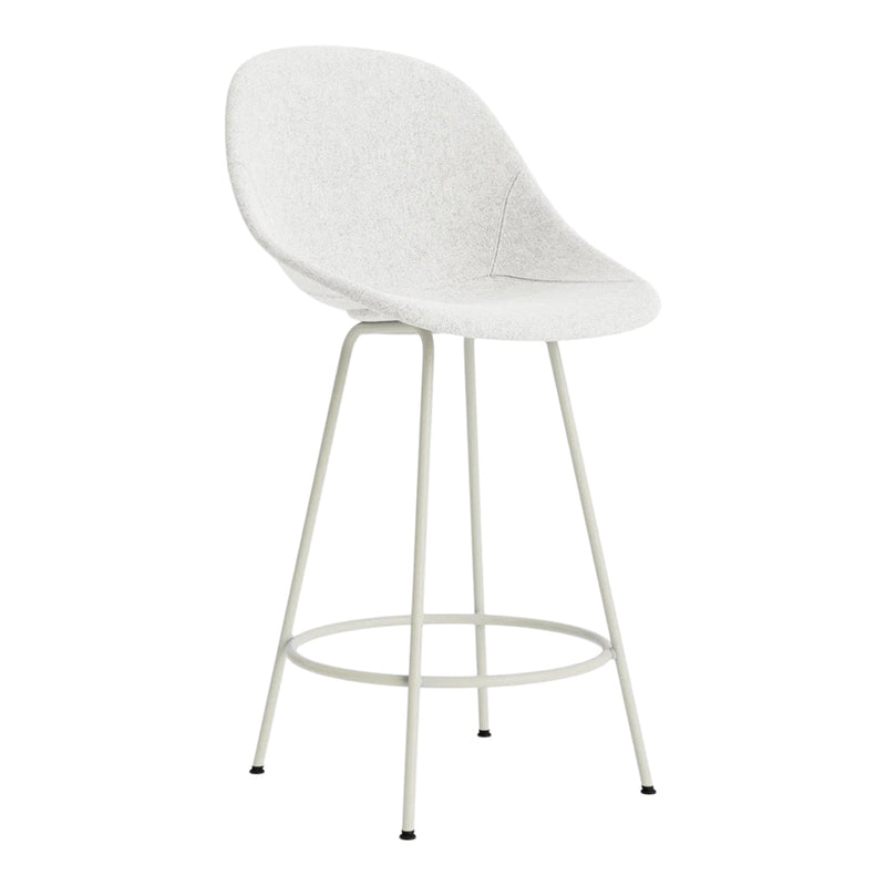 White upholstered bar stool with a minimalist design and light metal legs. Perfect for modern decor.